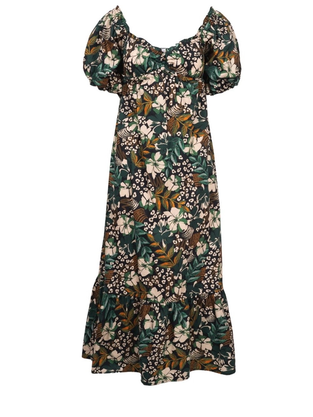 Jessica Simpson Floral Puff-Sleeve Maxi Dress in Green and Cream